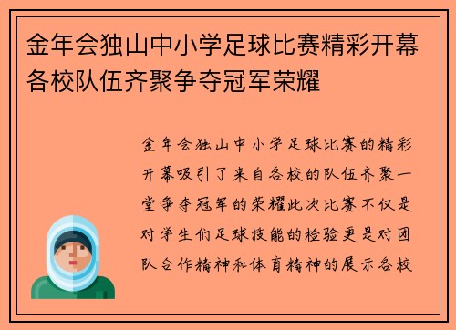 金年会独山中小学足球比赛精彩开幕各校队伍齐聚争夺冠军荣耀