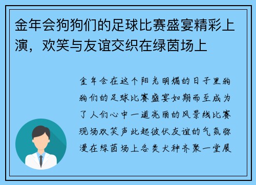 金年会狗狗们的足球比赛盛宴精彩上演，欢笑与友谊交织在绿茵场上